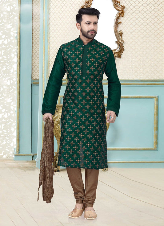 Embroidered Dupion Silk Green Kurta Pyjama - M3871