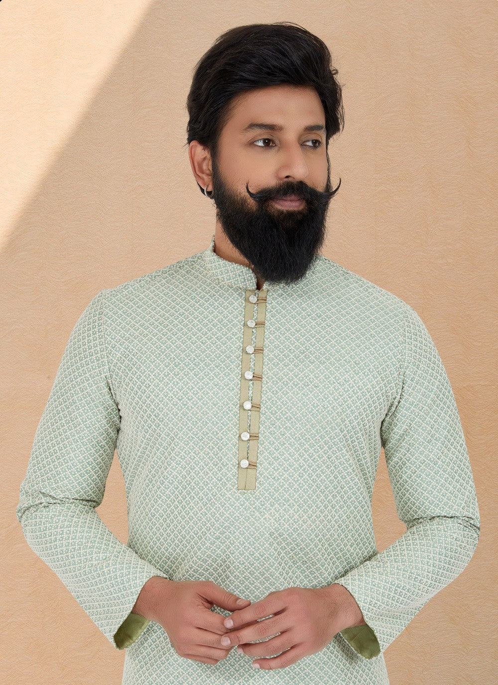 Embroidered Jacquard Silk Green Kurta Pyjama - M4982