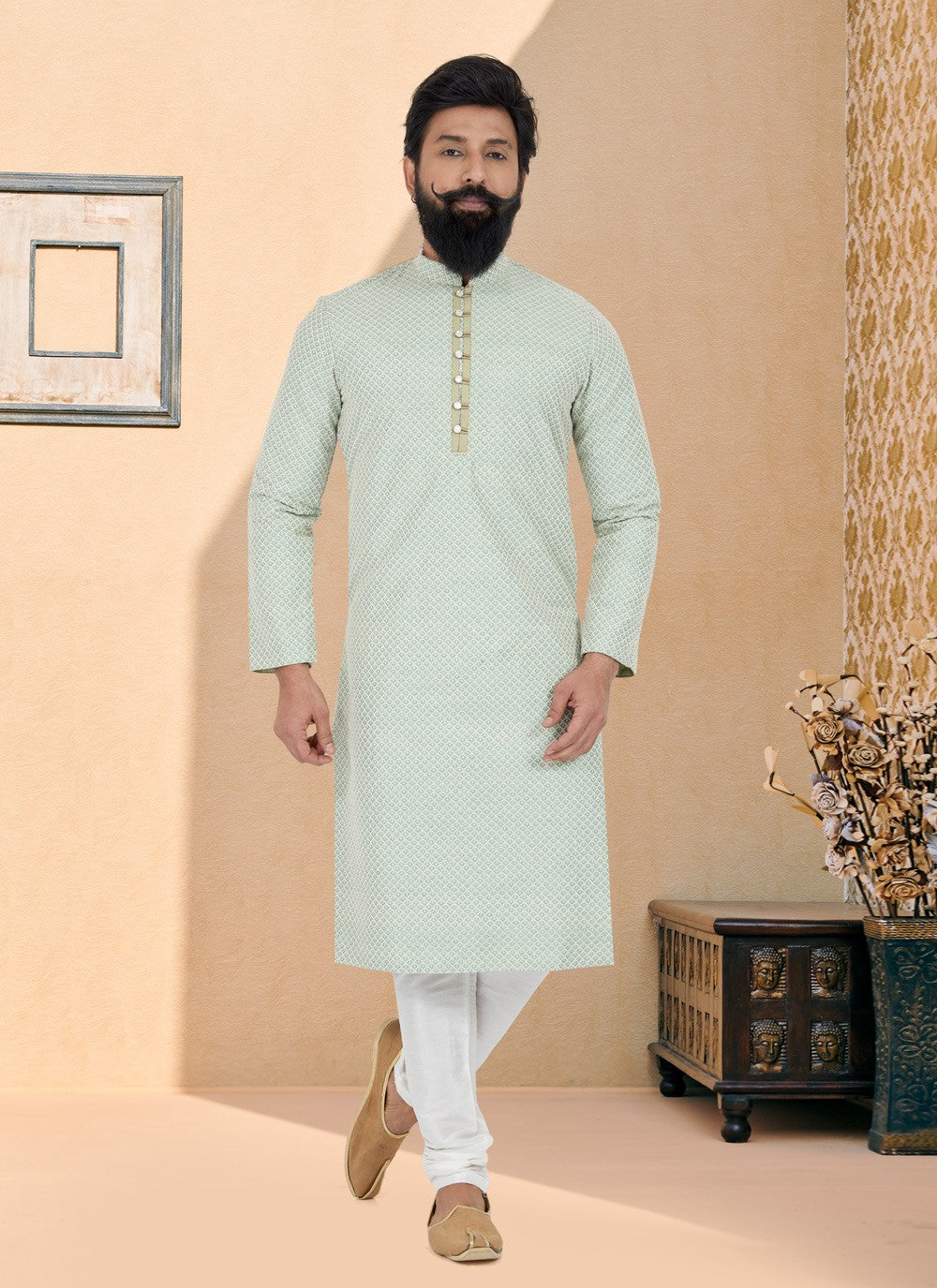 Embroidered Jacquard Silk Green Kurta Pyjama - M4982