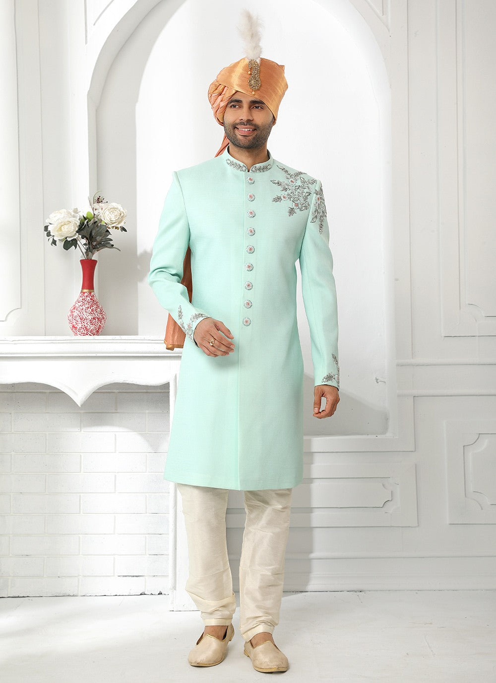 Embroidered Art Silk Green Sherwani - M4129