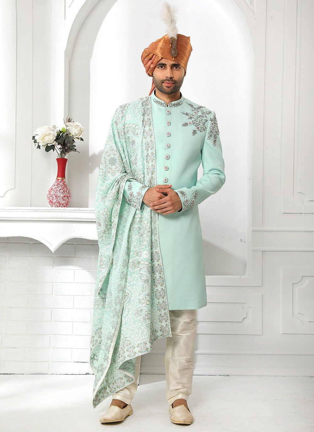 Embroidered Art Silk Green Sherwani - M4129