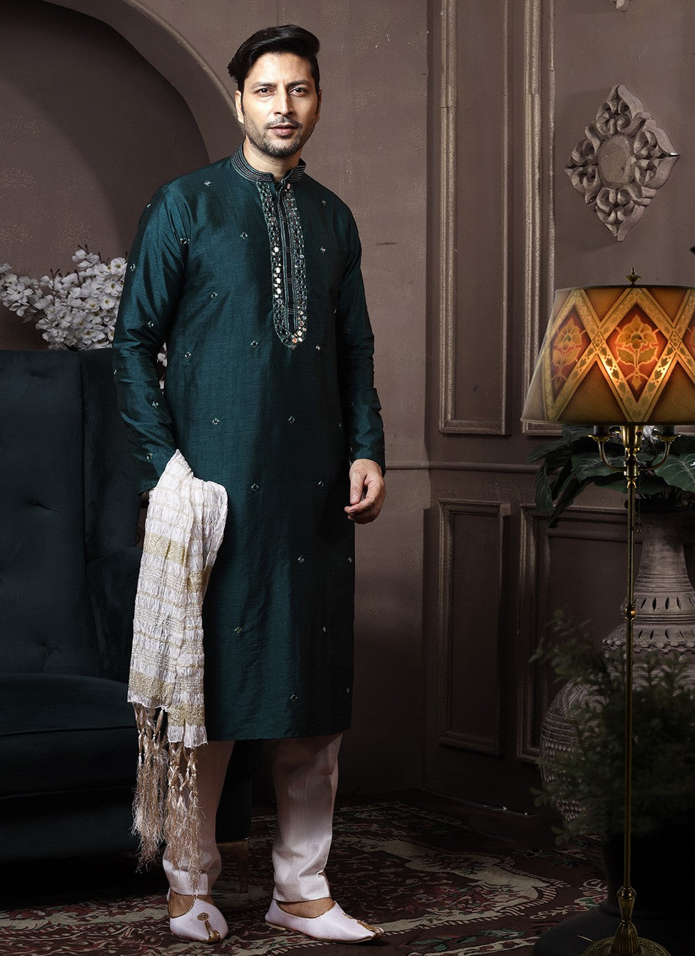 Embroidered Silk Green Kurta Pyjama - M3632