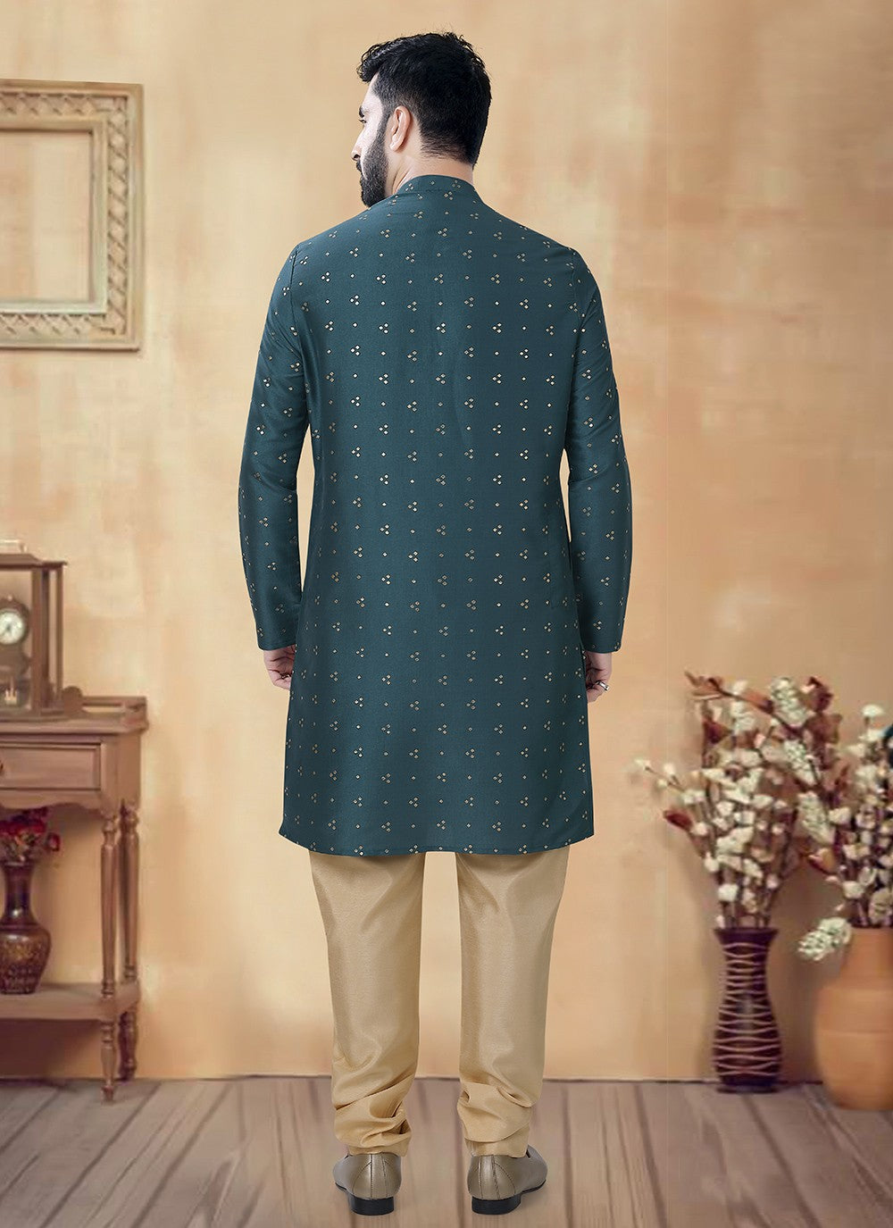 Foliage Prints Silk Green Kurta Pyjama - M8471