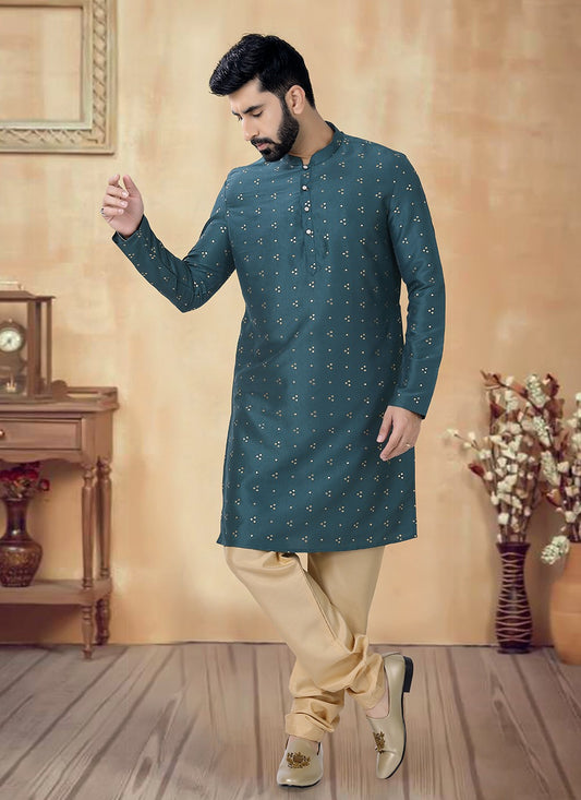 Foliage Prints Silk Green Kurta Pyjama - M8471