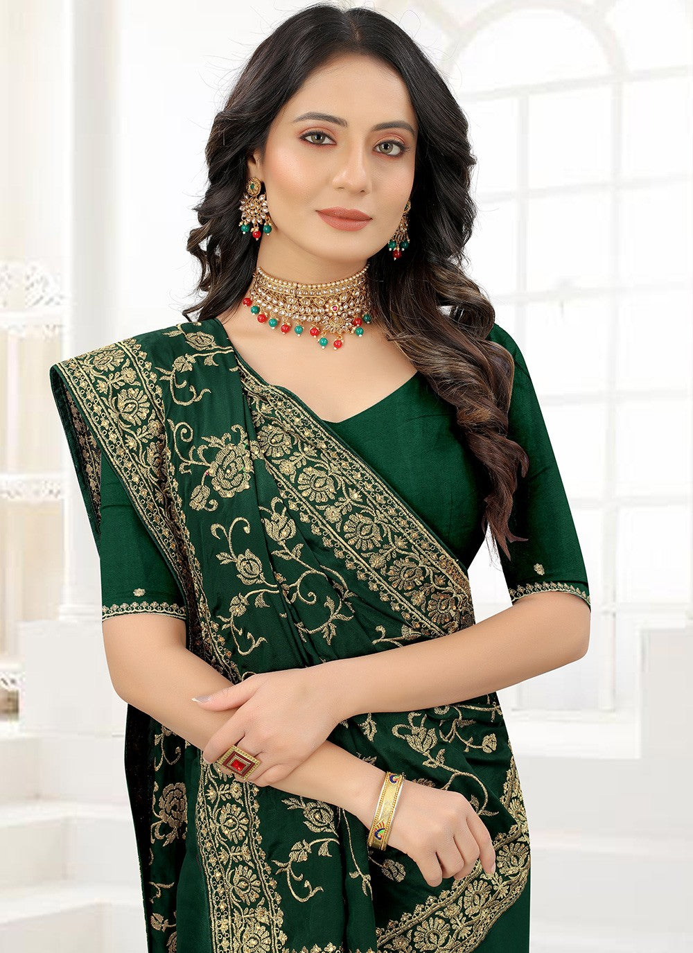 Traditional Embroidered Satin Silk Saree - S1418