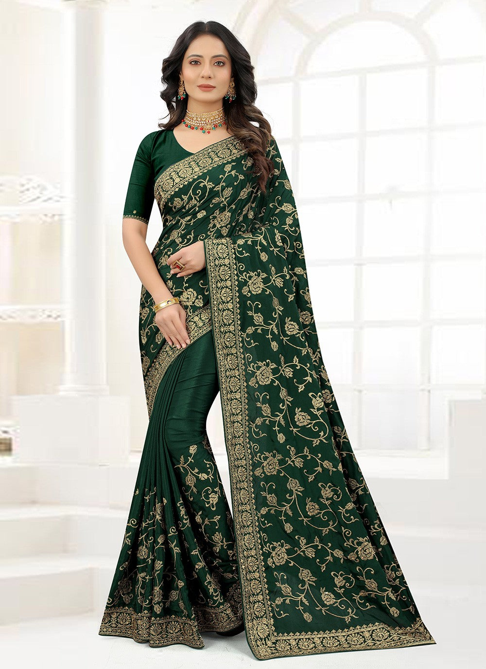 Traditional Embroidered Satin Silk Saree - S1418