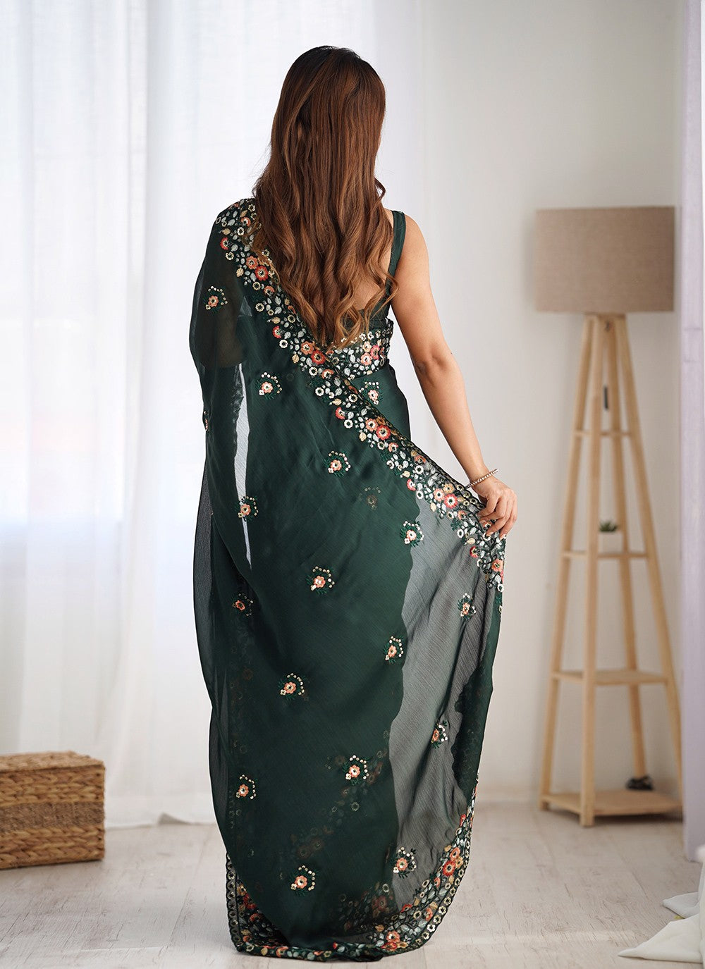 Embroidered, Sequins, Thread Chiffon Satin Saree - S11742