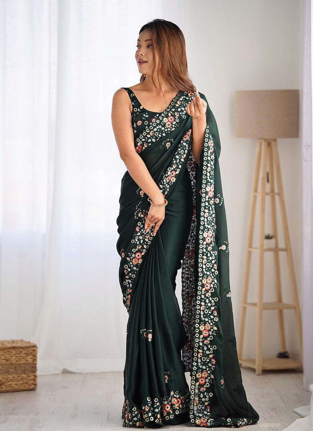 Embroidered, Sequins, Thread Chiffon Satin Saree - S11742