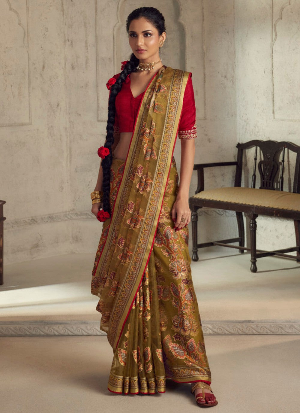 Contemporary Patch Border Brasso, Organza Saree - S3822