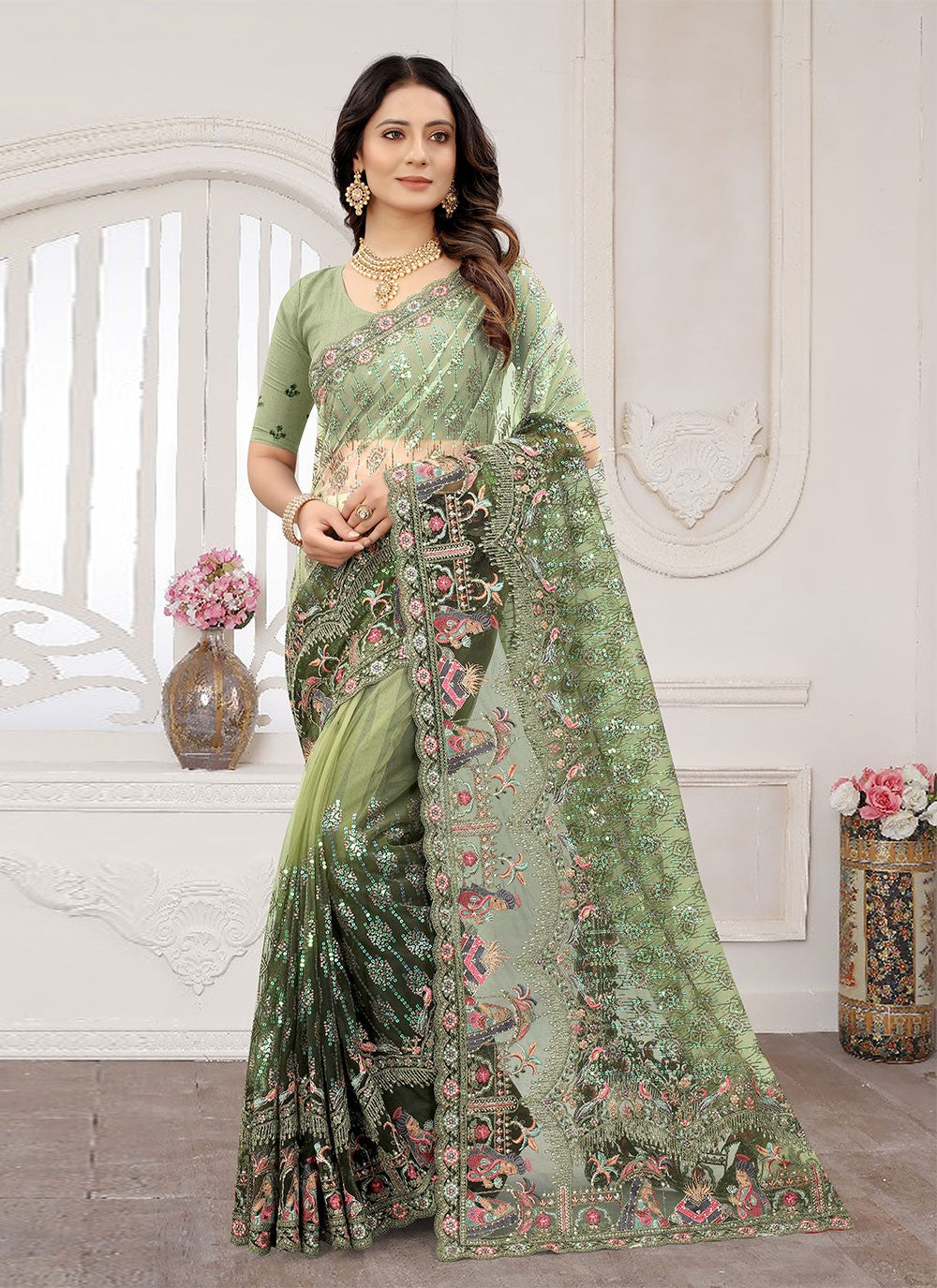 Classic Embroidered Net Saree - S1296