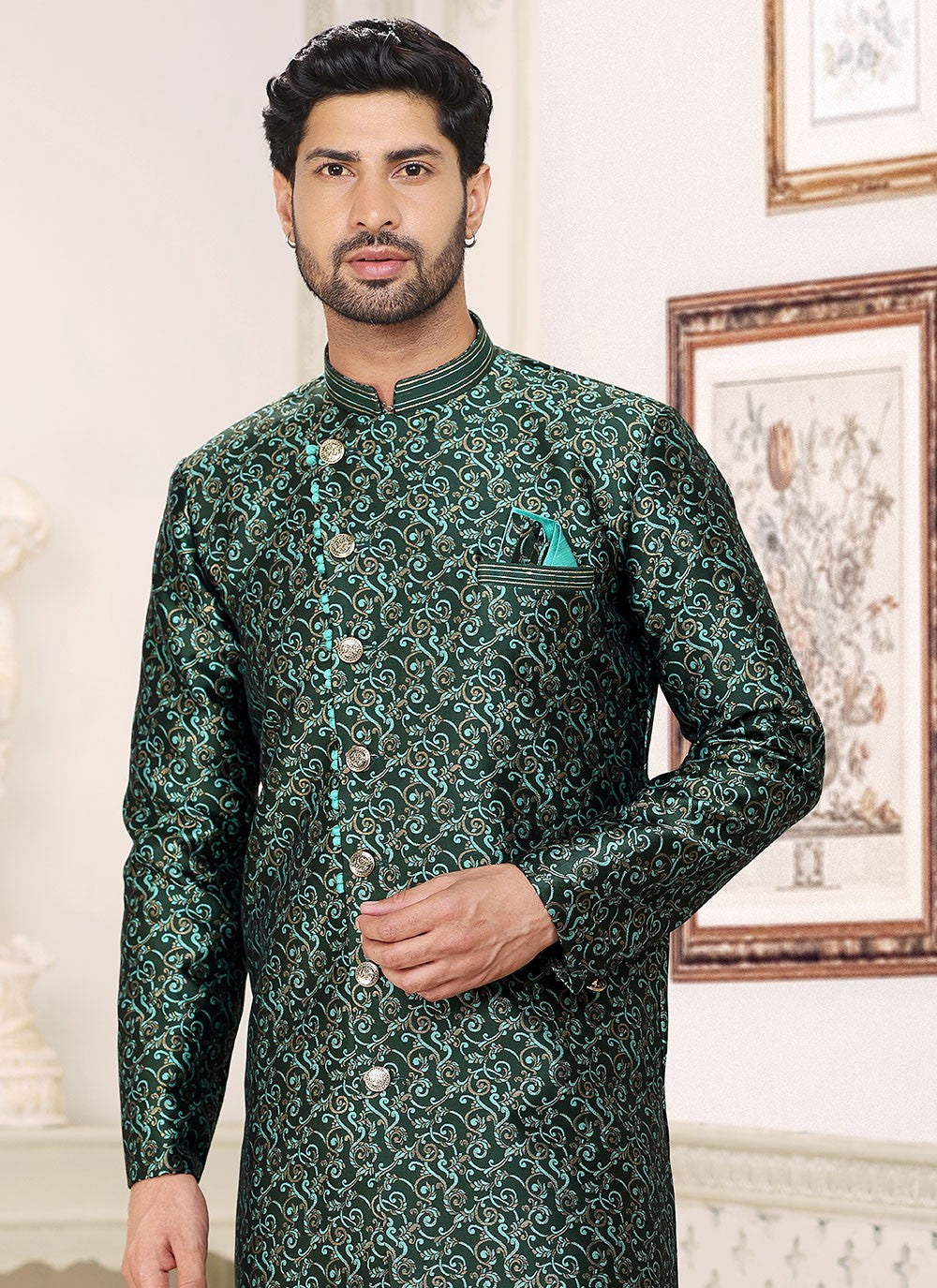 Fancy Work Banarasi Jacquard Green Indo Western - M5215