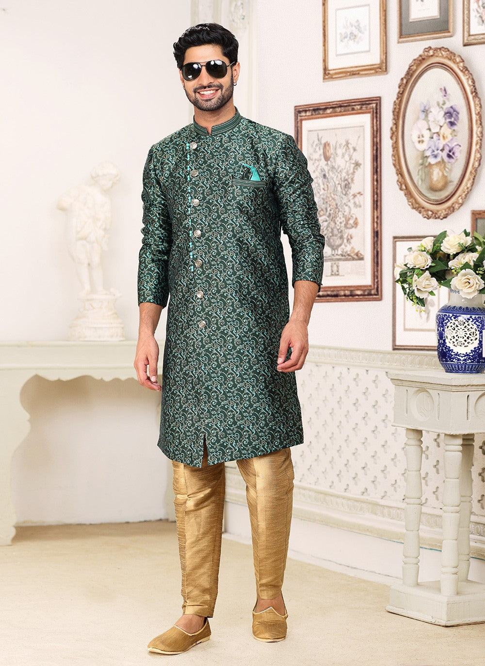 Fancy Work Banarasi Jacquard Green Indo Western - M5215