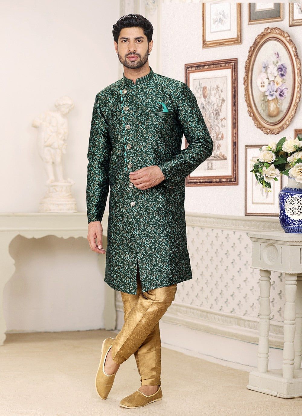 Fancy Work Banarasi Jacquard Green Indo Western - M5215