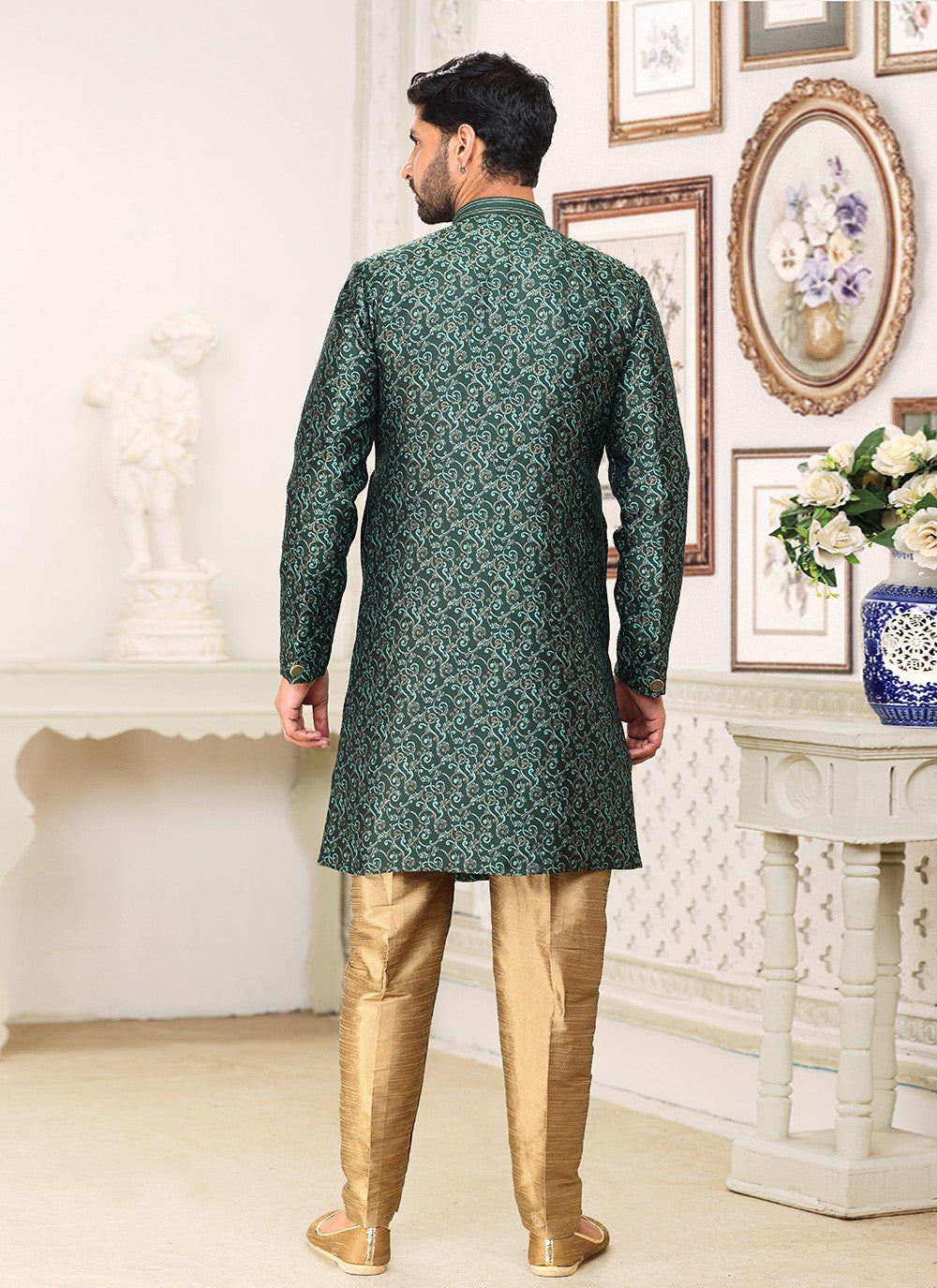 Fancy Work Banarasi Jacquard Green Indo Western - M5215