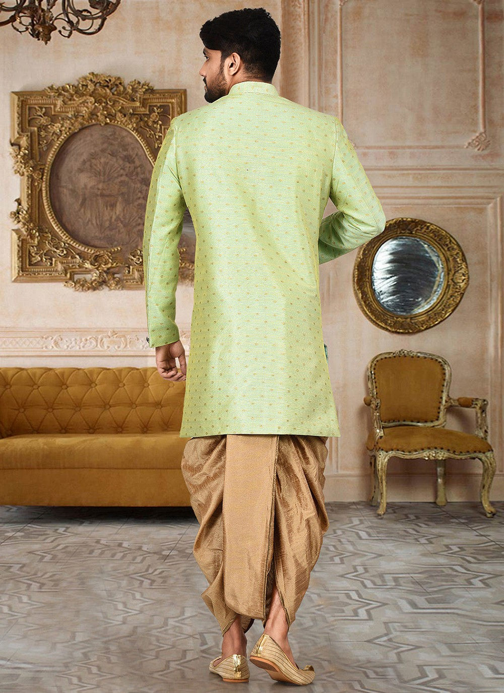 Zari Cotton , Linen Green Indo Western Sherwani - M2757