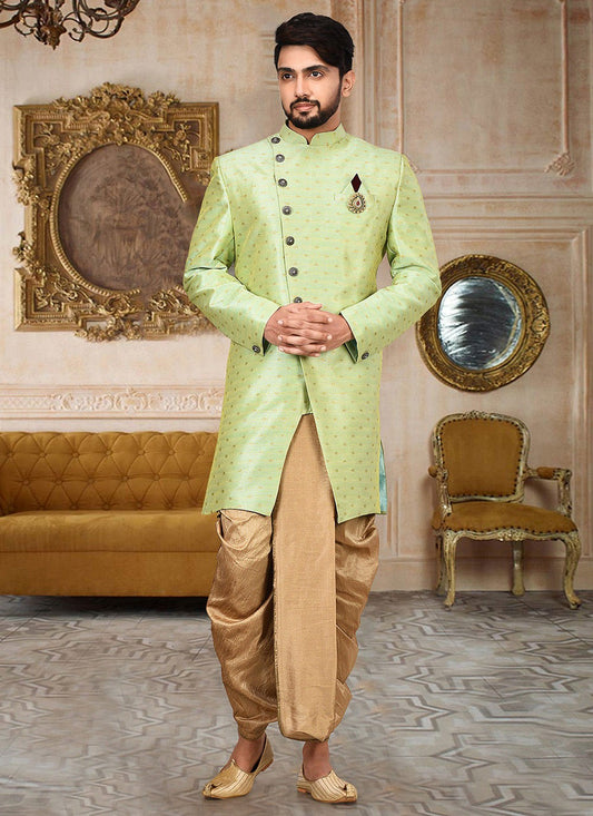 Zari Cotton , Linen Green Indo Western Sherwani - M2757