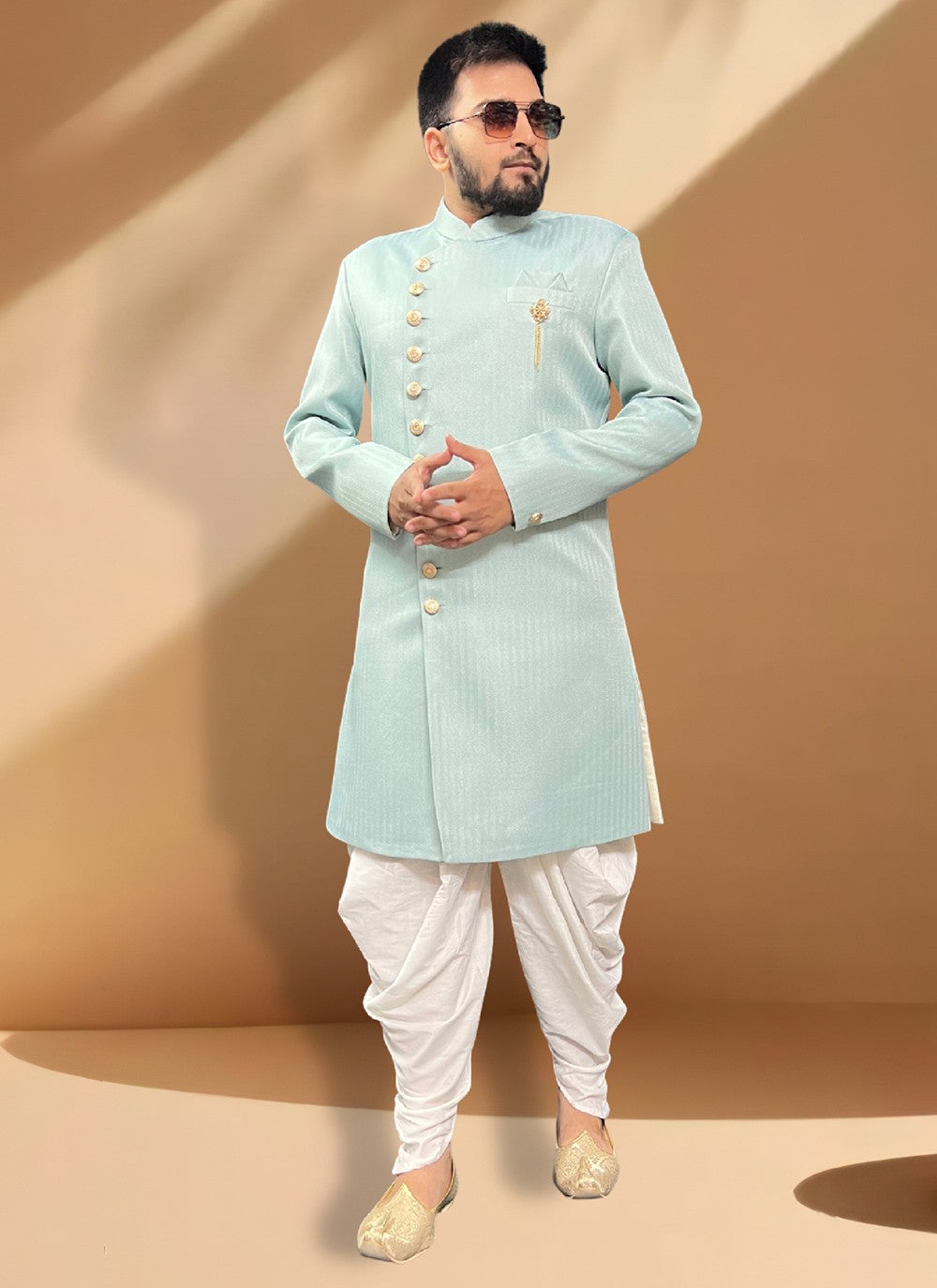 Woven Jacquard Green Indo Western Sherwani - M5345