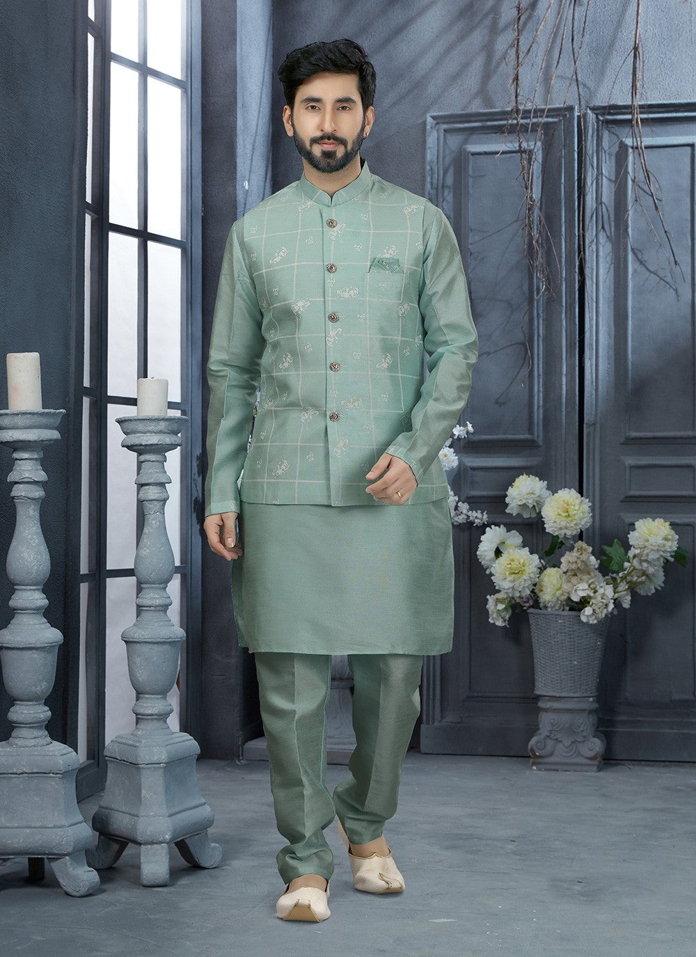 Printed Dupion Silk Green Kurta Payjama With Jacket - M2899