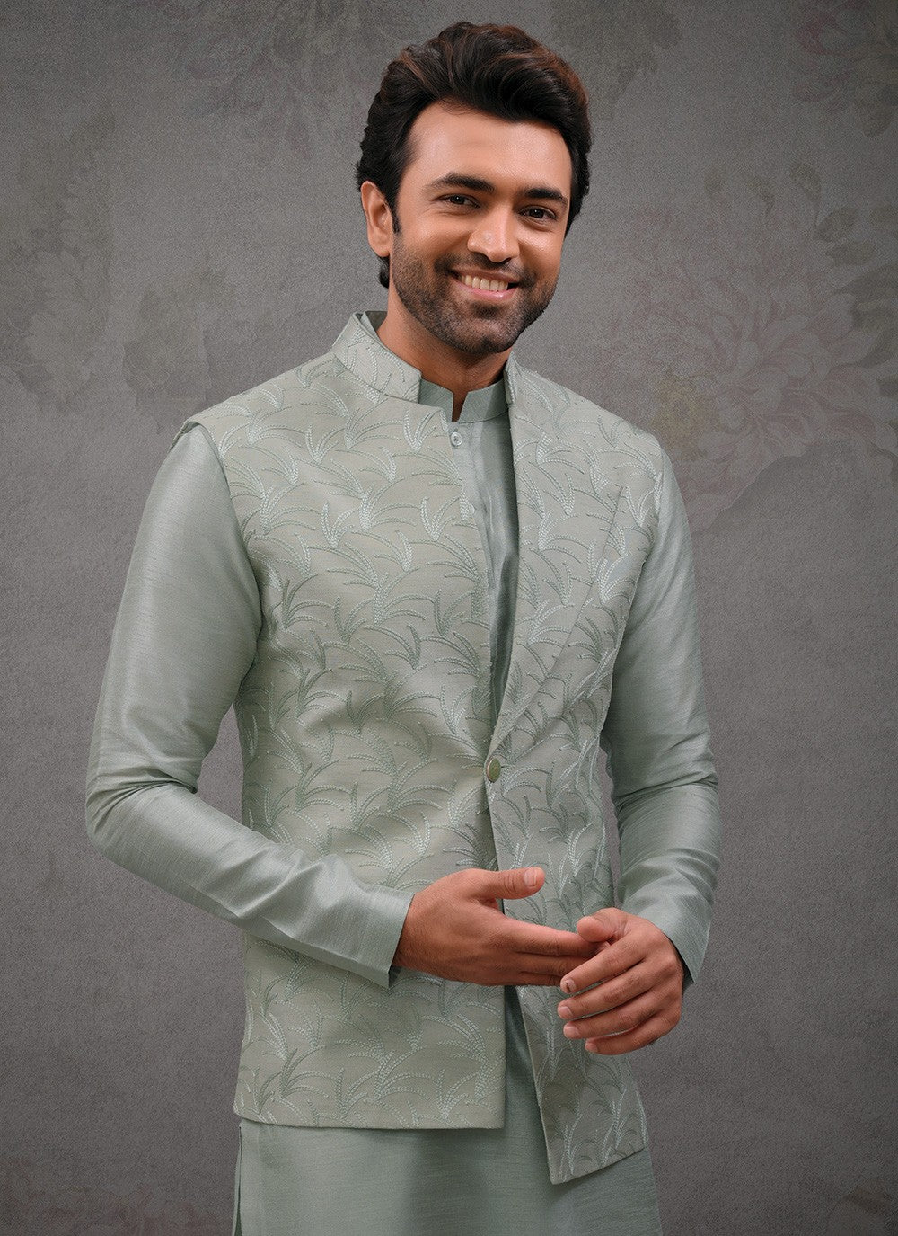 Embroidered Silk Green Kurta Payjama With Jacket - M8457