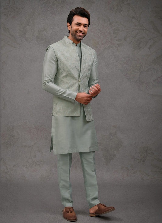 Embroidered Silk Green Kurta Payjama With Jacket - M8457