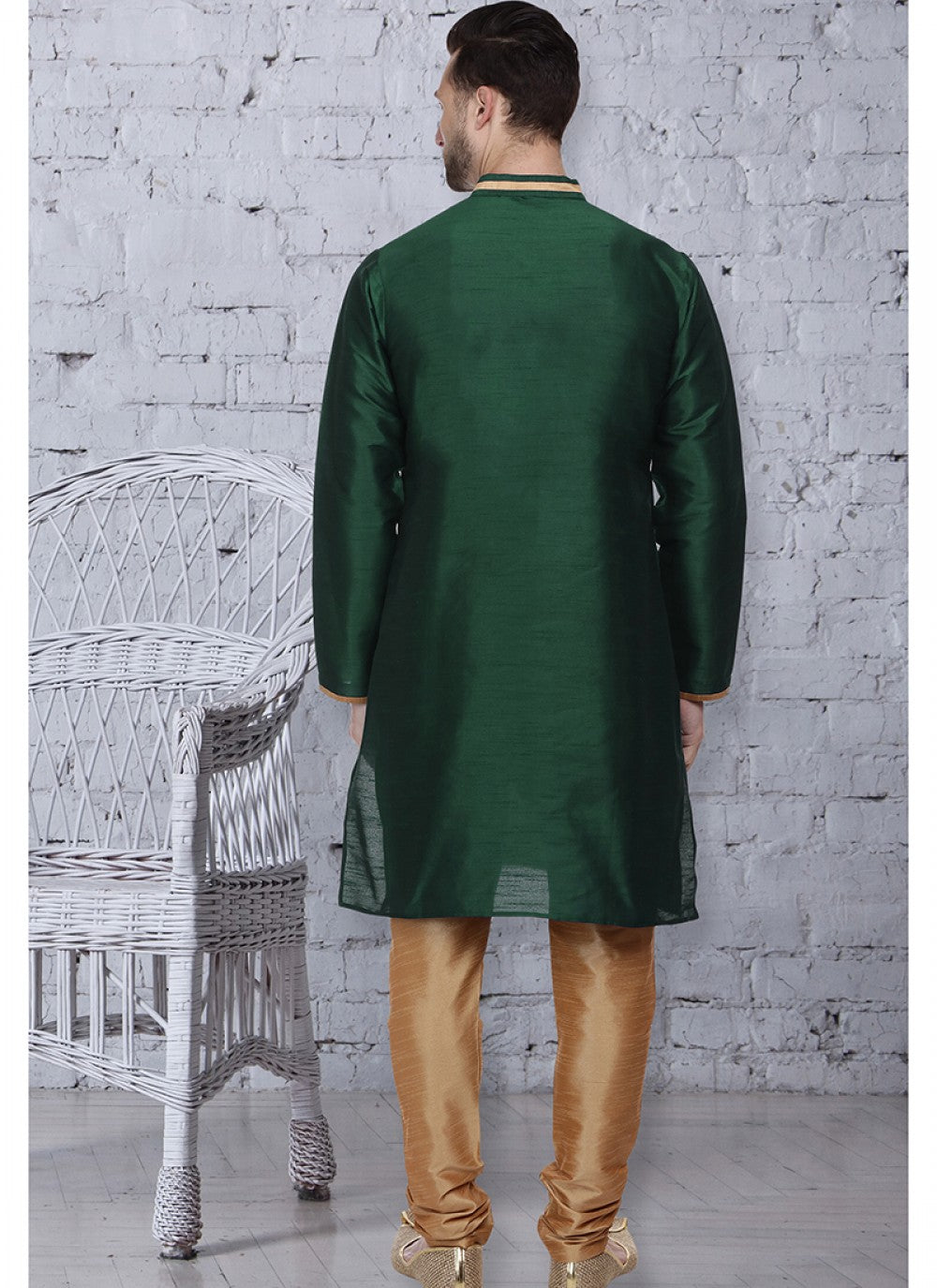 Embroidered Art Dupion Silk Green Kurta Pyjama - M1500