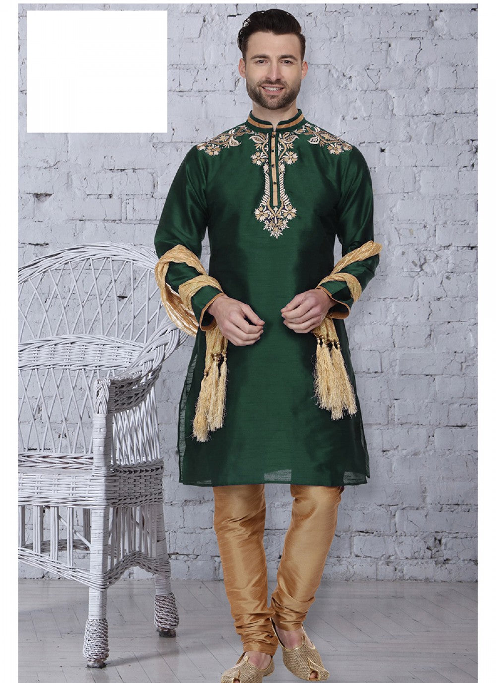 Embroidered Art Dupion Silk Green Kurta Pyjama - M1500