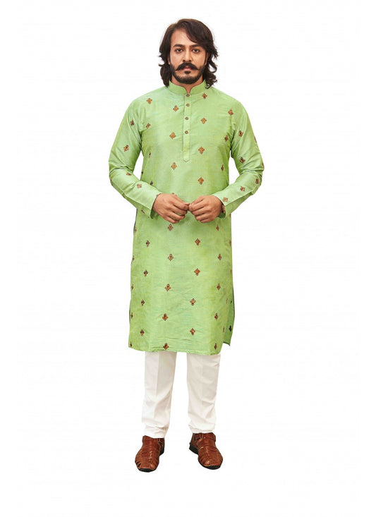 Printed Art Silk Green Kurta Pyjama - M1582