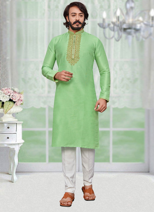 Embroidered Art Silk Green Kurta Pyjama - M2018