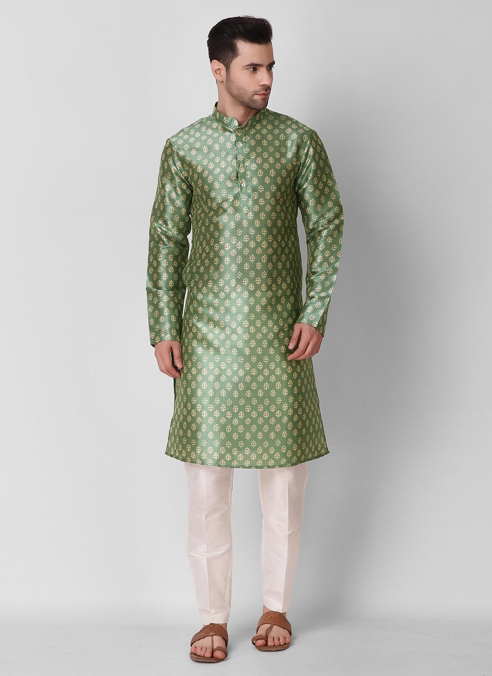 Digital Print Art Silk Green Kurta Pyjama - M3116