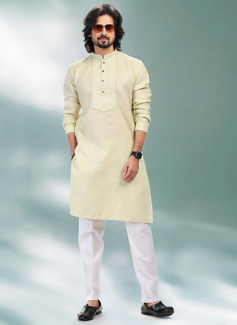 Plain Cotton , Linen Green Kurta Pyjama - M4901