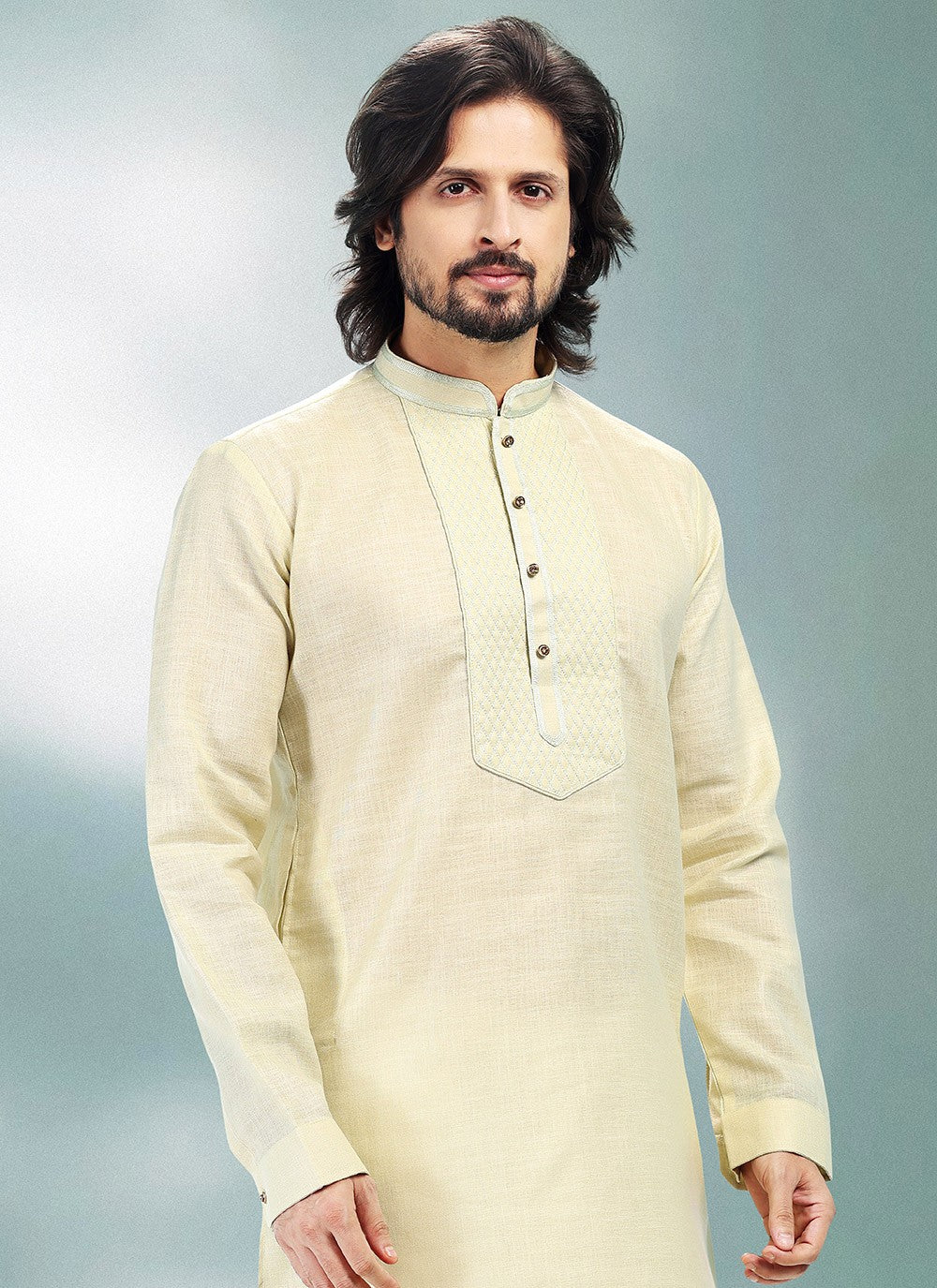 Plain Cotton , Linen Green Kurta Pyjama - M4901