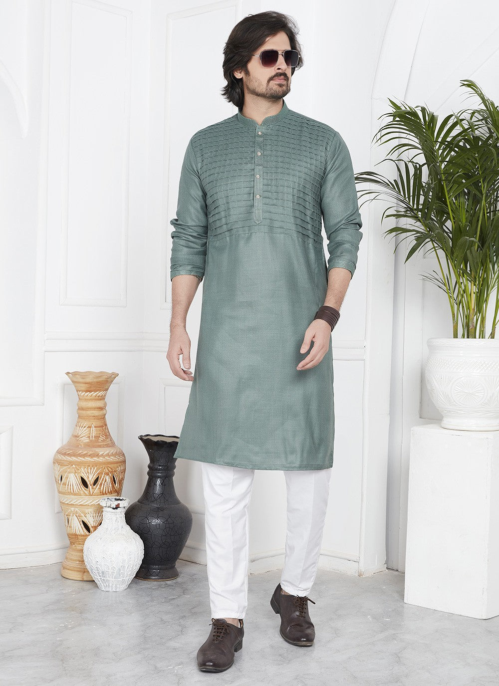 Fancy Work Cotton , Linen Green Kurta Pyjama - M7097