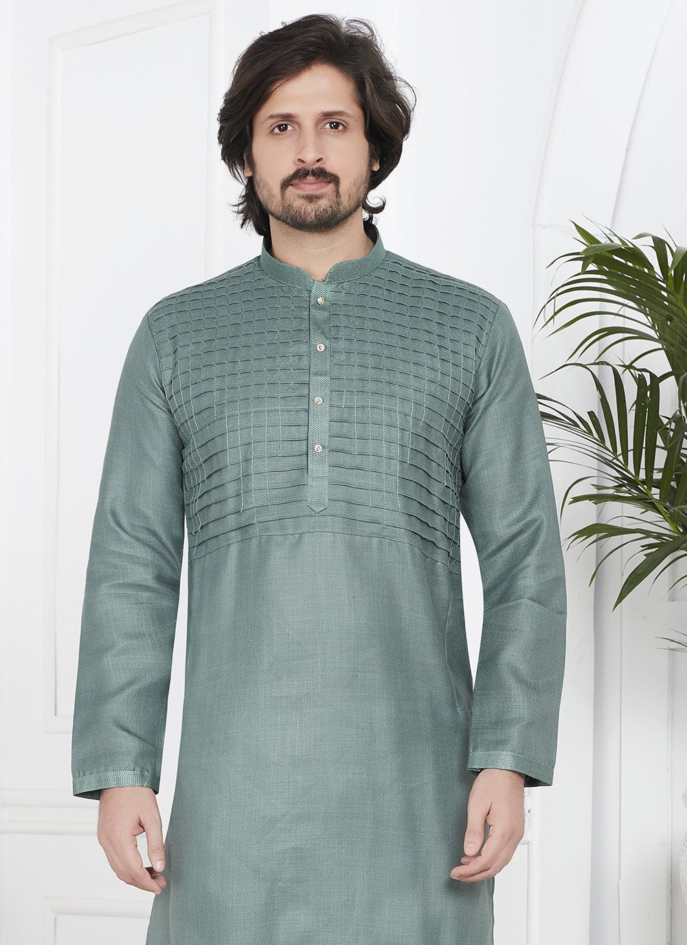 Fancy Work Cotton , Linen Green Kurta Pyjama - M7097