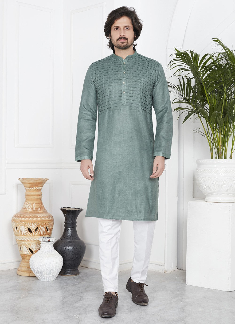 Fancy Work Cotton , Linen Green Kurta Pyjama - M7097