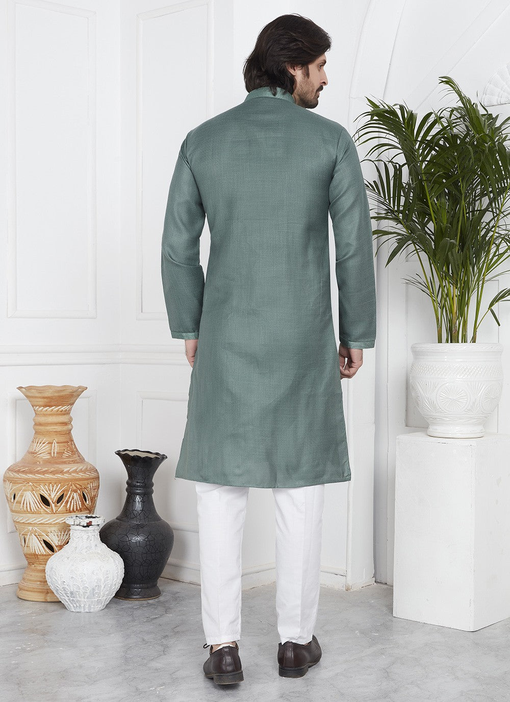 Fancy Work Cotton , Linen Green Kurta Pyjama - M7097