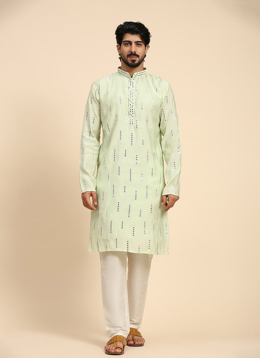 Embroidered Silk Green Kurta Pyjama - M8150