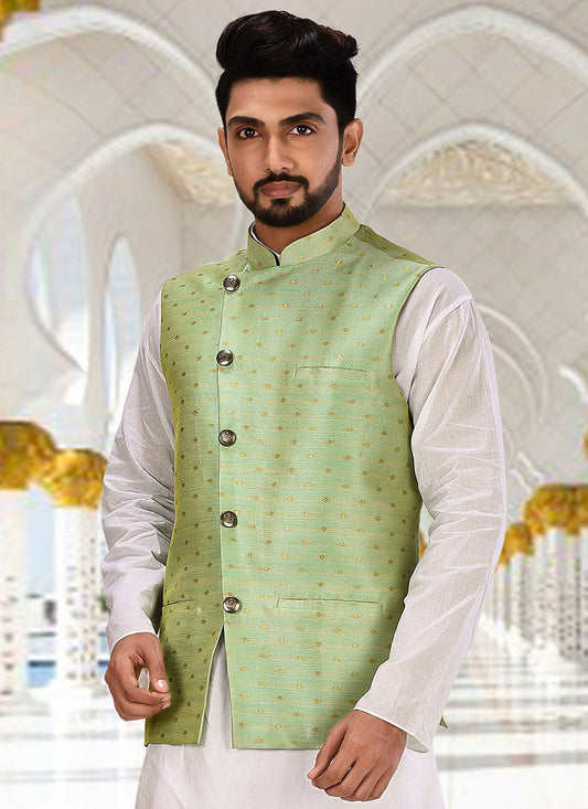 Fancy Work Cotton Green Nehru Jackets - M2752