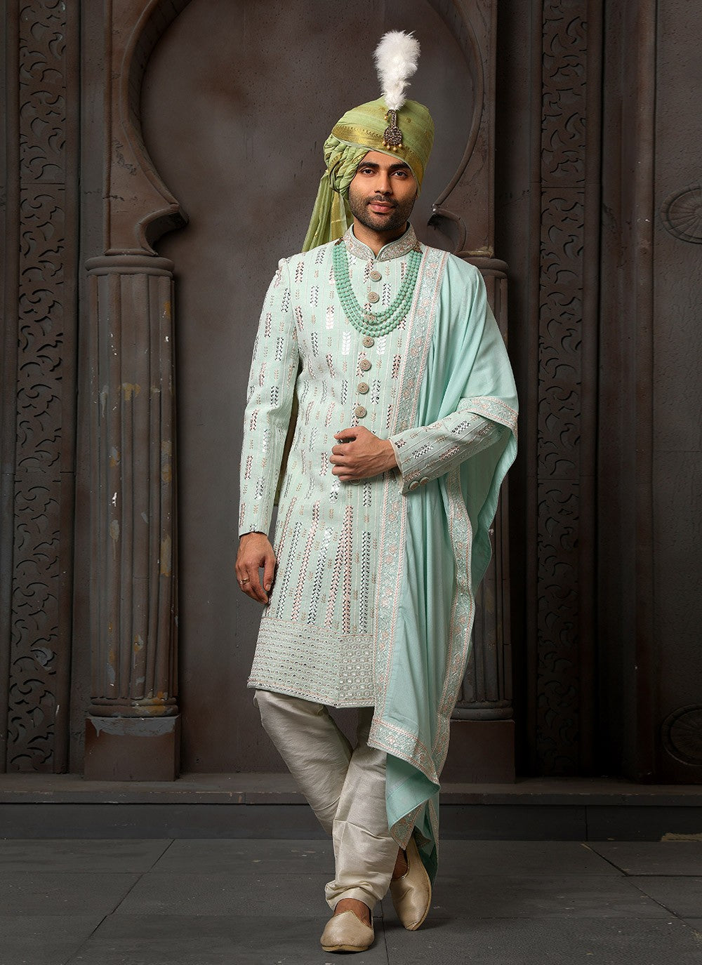 Machine Embroidery Georgette Green Sherwani - M4114