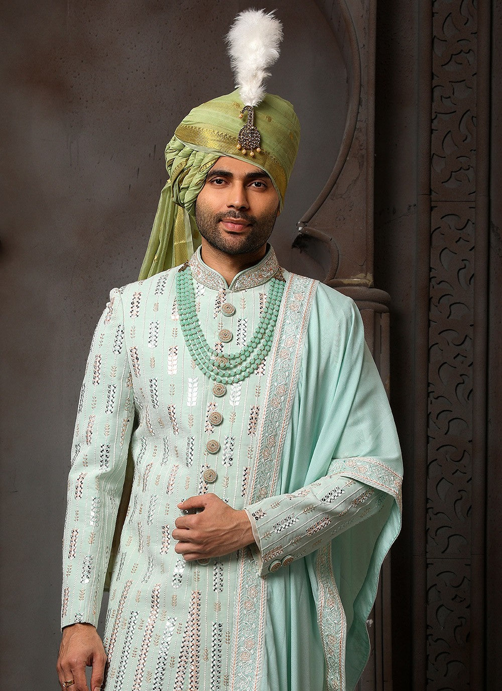 Machine Embroidery Georgette Green Sherwani - M4114