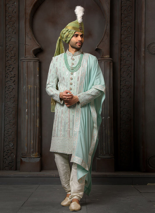 Machine Embroidery Georgette Green Sherwani - M4114