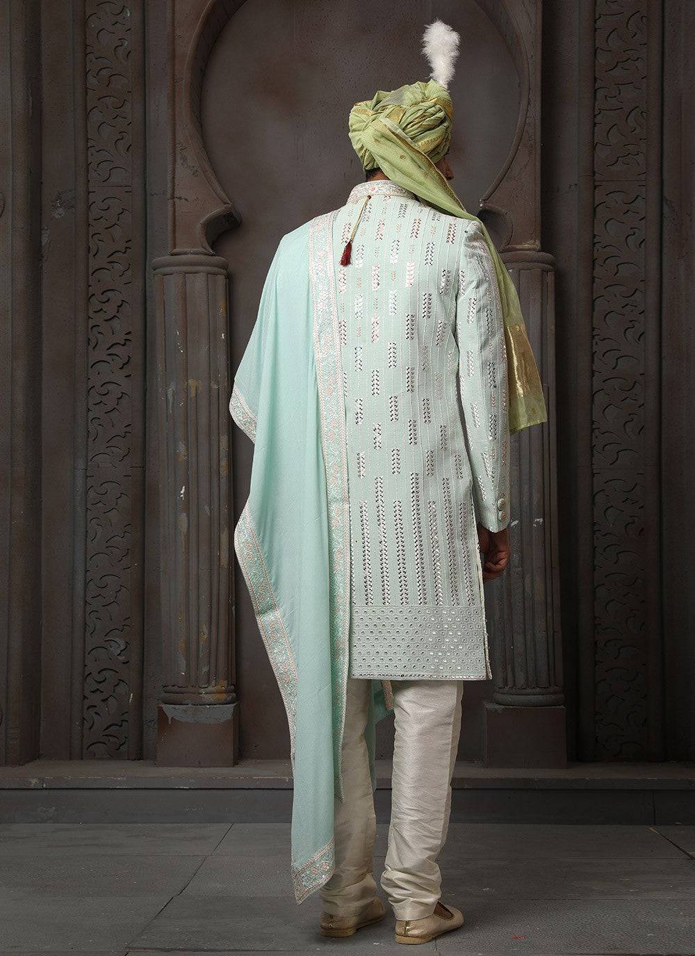 Machine Embroidery Georgette Green Sherwani - M4114