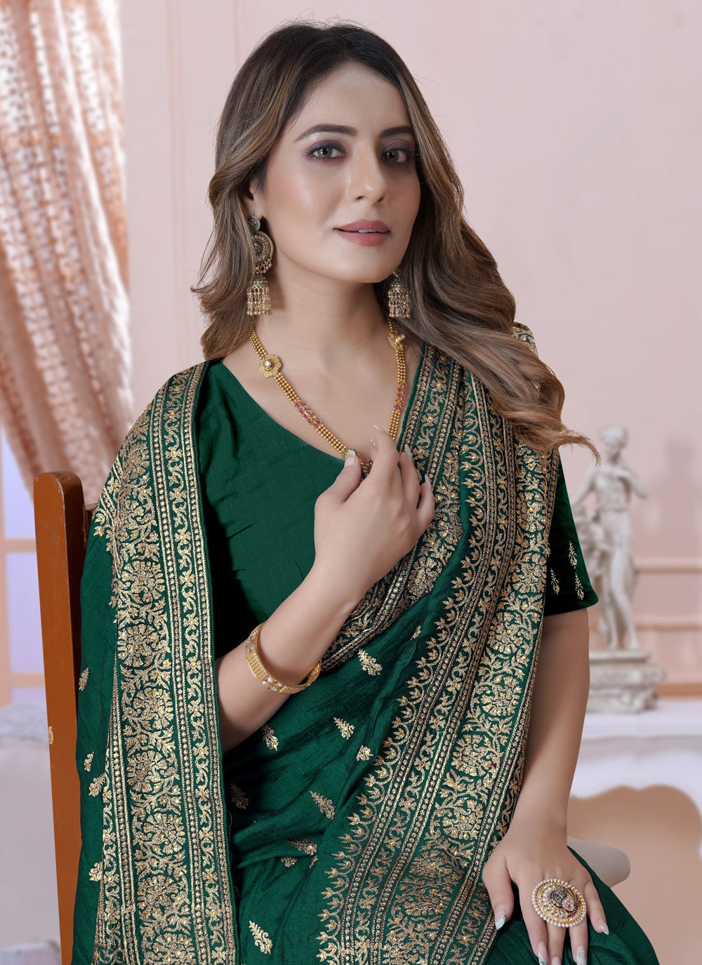 Classic Embroidered Vichitra Silk Saree - S3619