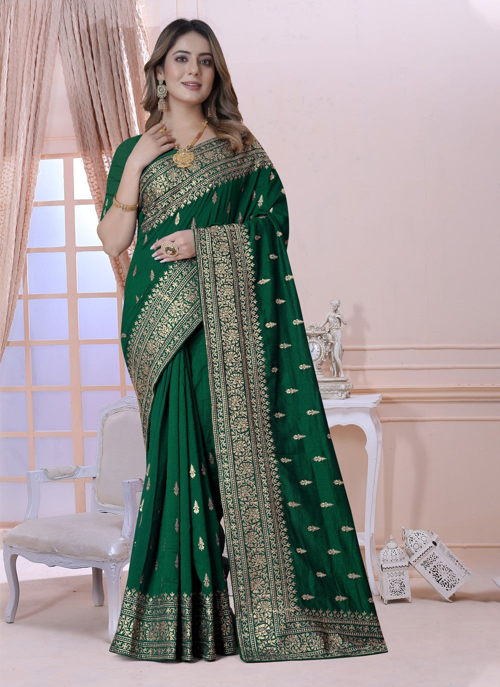 Classic Embroidered Vichitra Silk Saree - S3619