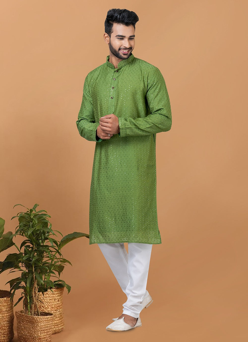 Embroidered Cotton , Viscose Green Kurta Pyjama - M6356