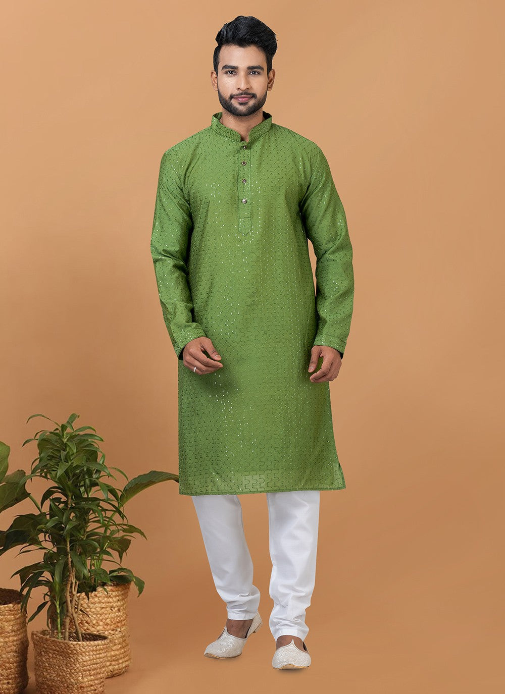 Embroidered Cotton , Viscose Green Kurta Pyjama - M6356