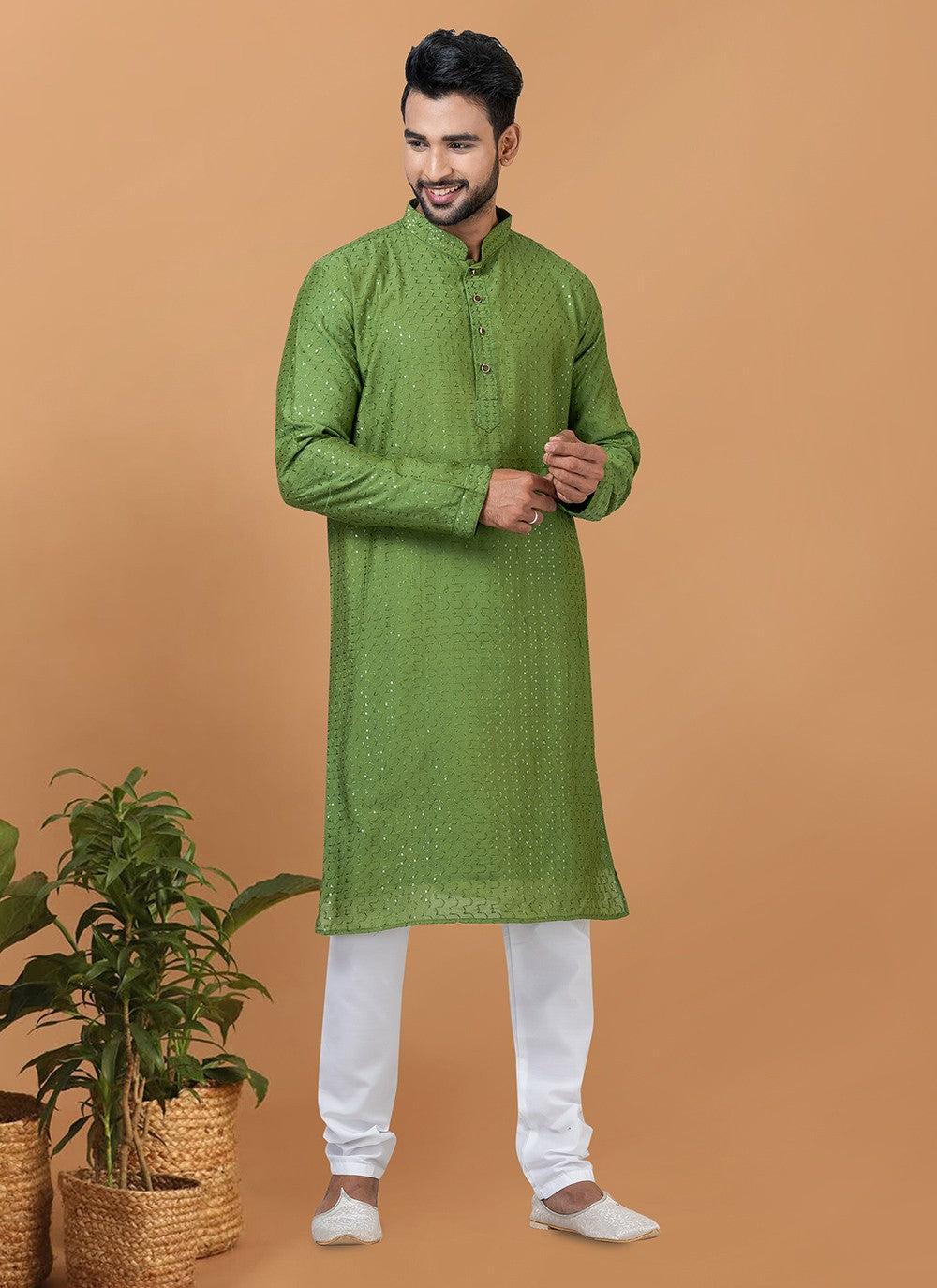 Embroidered Cotton , Viscose Green Kurta Pyjama - M6356