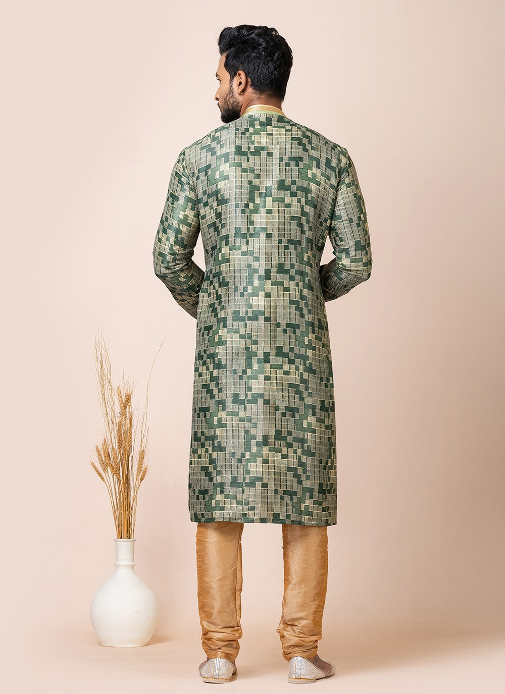 Jacquard Work Cotton Green Kurta Pyjama - M7519