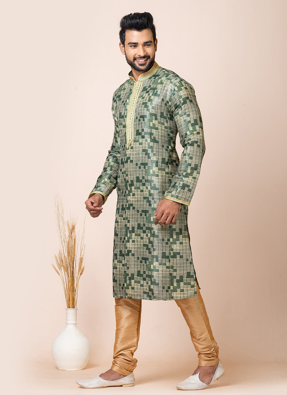 Jacquard Work Cotton Green Kurta Pyjama - M7519