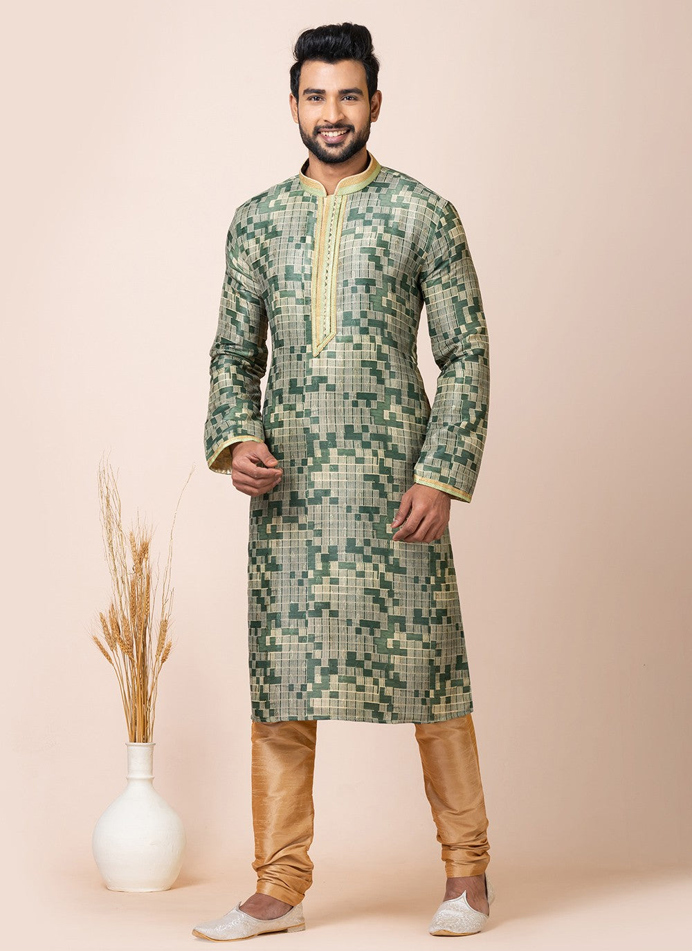 Jacquard Work Cotton Green Kurta Pyjama - M7519