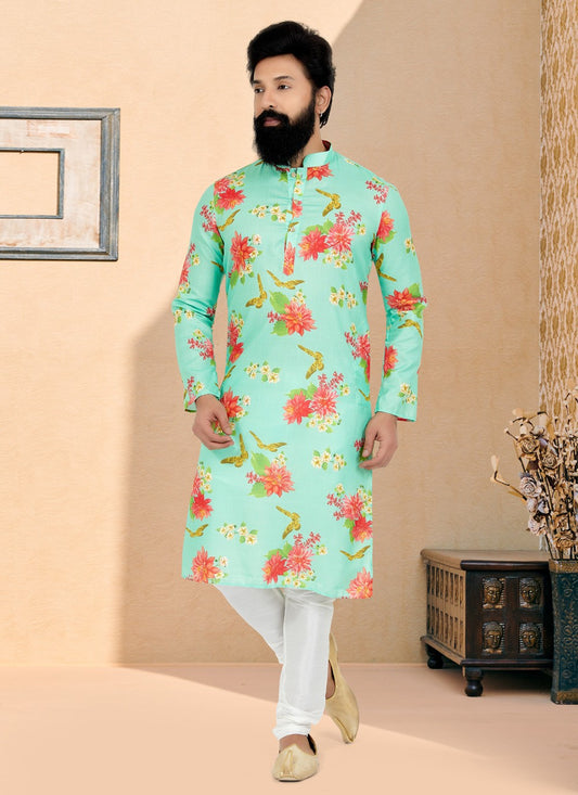 Digital Print Cotton Green Kurta Pyjama - M5067